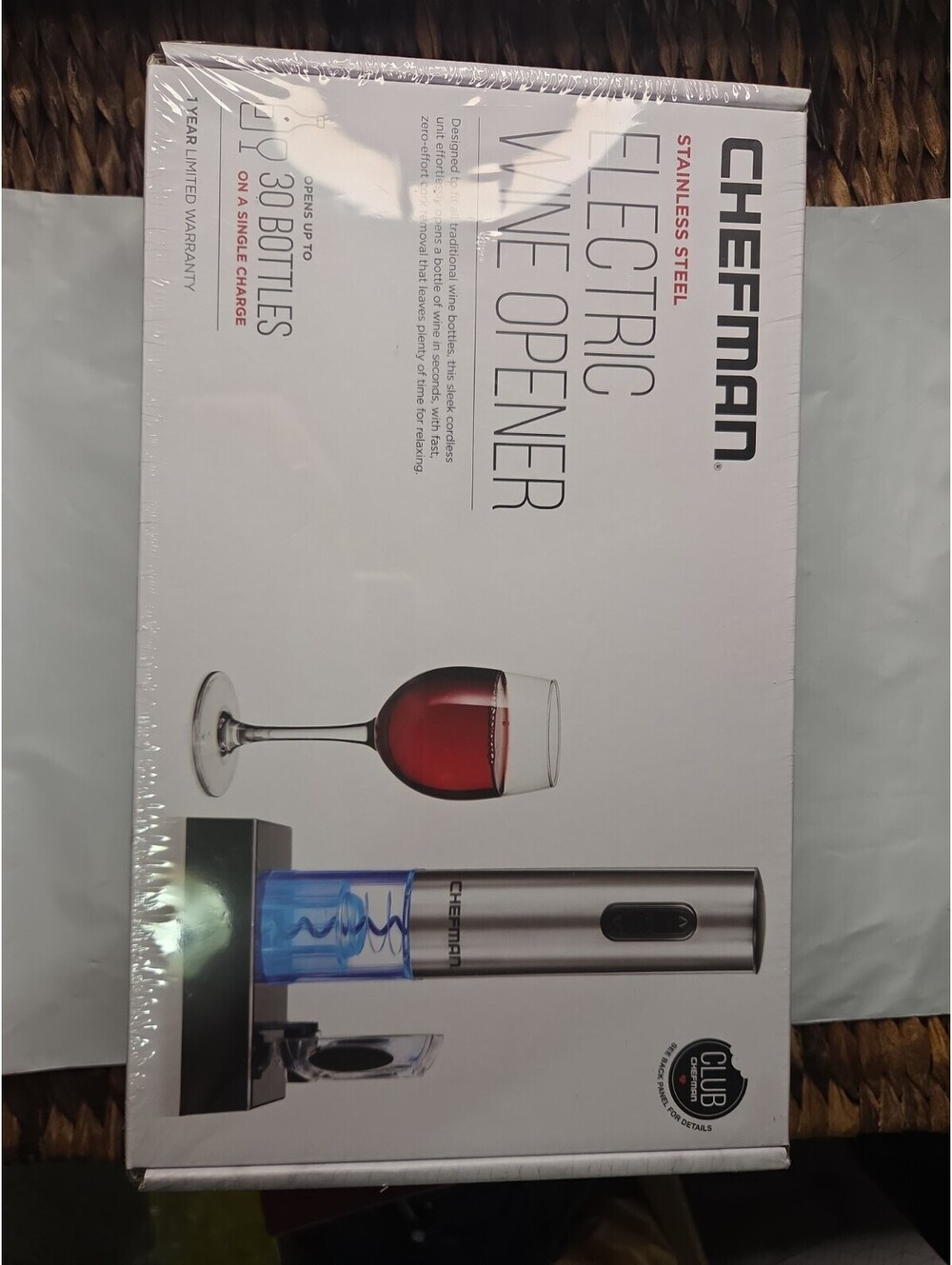 Chefman Stainless Steel Rechargeable Electric Wine Opener w/ Foil Cutter RJ42-SS